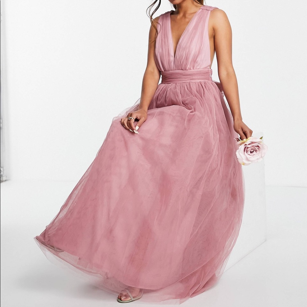 Rose tulle plunge (knee length) dress with back detail - Picture 4 of 5